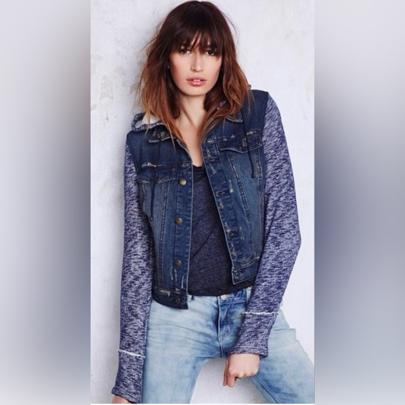 Free People dark wash/black distressed denim knit jacket Sz XS EUC - Picture 2 of 9